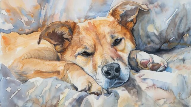 A dog lying down on a bed, calm and relaxed