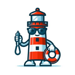 A cool and stylish lighthouse character wearing sunglasses, a hat, and a lifebuoy, looking ready to enjoy a day by the sea.