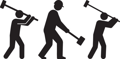 Three construction workers in silhouette swinging sledgehammers with force