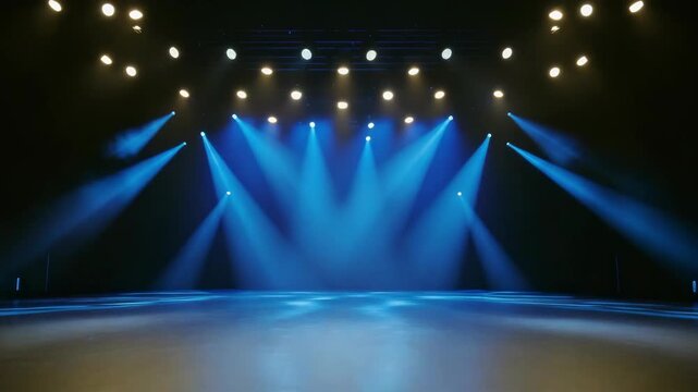 The empty stage with professional lighting, ready for a live performance event. The blue lighting gives it a modern and inviting atmosphere.