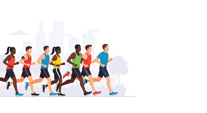 Diverse group of individuals participating in a marathon run, showcasing fitness and unity against a city backdrop emphasizing healthy lifestyle and urban athleticism
