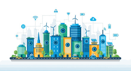 Stylized illustration of a modern, eco-friendly city skyline with connected technology, renewable energy sources, and electric vehicles.