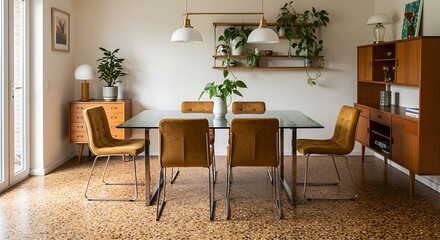 dining room interior with Retro chic dining and  terrazzo floor