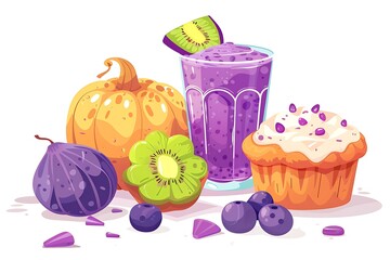 Vibrant autumnal fruit smoothie, muffin, and pumpkin; cartoon style, healthy mood.
