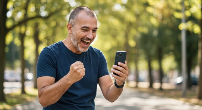 Excited Man Celebrating Good News on Smartphone Outdoors
 - Powered by Adobe