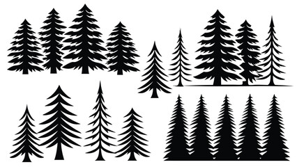 Fototapeta premium Silhouette Illustration of Various Pine and Evergreen Trees in Groups, Black Forest Tree Vector Art for Nature, Landscape, and Outdoor Wilderness Designs