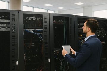 Server Room Specialist Inspecting Data Center Infrastructure With a Tablet for Maintenance.
