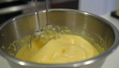 Mixing batter in metal bowl