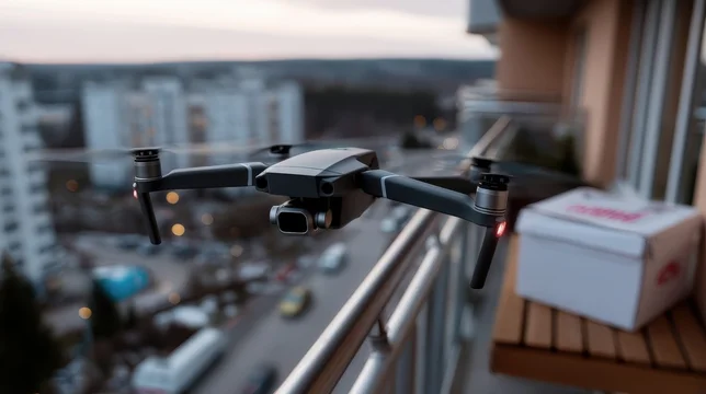 Drone Delivering Food to Balcony of High Rise Apartment