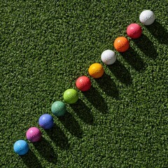 Naklejka premium Colorful golf balls arranged in a pattern on green grass during bright daylight