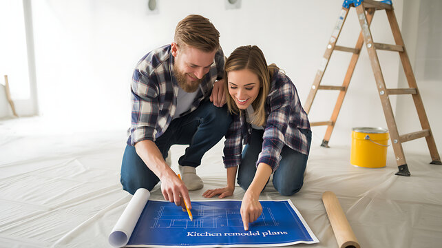 Couple reviewing kitchen remodel plans on a blueprint sheet - Powered by Adobe