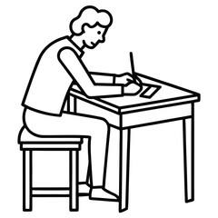 Man sitting at desk reading book with laptop in office vector illustration