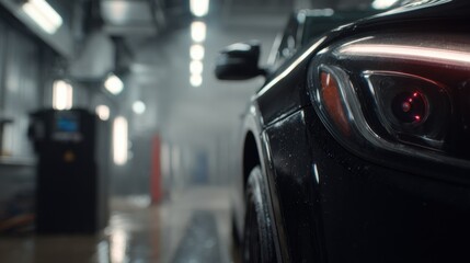 Fototapeta premium Focused medium shot showcasing a carwash robots 3D lidar system capturing precise vehicle geometry while the surrounding wash bay remains softly out of focus emphasizing advanced