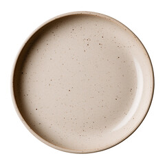 A single warm taupe empty plate featuring a delicate minimalist dot print isolated on transparent background