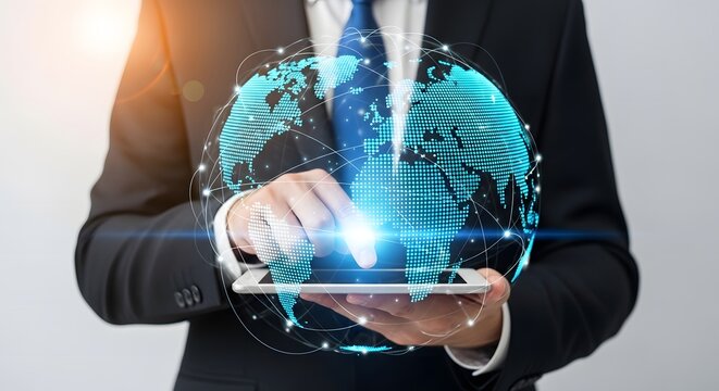 Businessman interacting with a glowing digital globe on a tablet computer screen