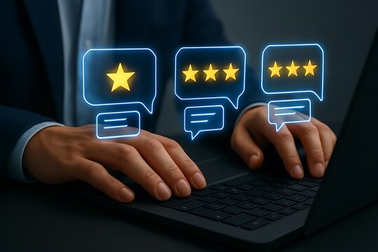 Person typing on laptop with glowing speech bubbles showing star ratings customer review - Powered by Adobe