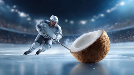 Hockey player on ice skates using a stick to push a giant coconut during a game