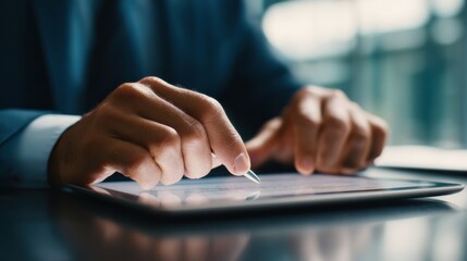 Fototapeta premium Legal counsel analyzing SMS campaign terms on a tablet medium shot with sharp focus on screen details surrounding office setting softly out of focus for professional compliance