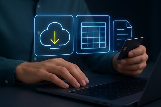 Person using a laptop with icons for cloud storage and data management hand computer - Powered by Adobe