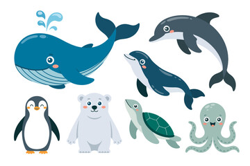 Naklejka premium Ocean animals icon set, whale dolphin seal penguin polar bear turtle octopus vector, marine wildlife illustration, aquatic nature clipart