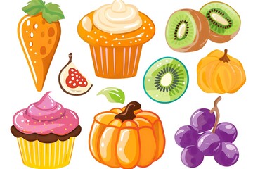 Vibrant autumnal fruit and cupcake collection; cheerful, cartoon style.