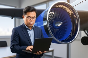 Engineer Using Laptop in Front of Airplane Engine Model for Engineering Project