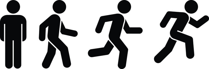 Stick figure progression from standing to walking, jogging, and running — human movement evolution concept in black silhouette illustration