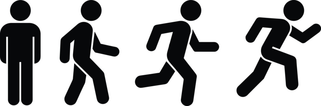 Stick figure progression from standing to walking, jogging, and running — human movement evolution concept in black silhouette illustration