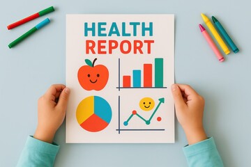 children health report concept. A colorful health report featuring graphs, an apple, and smiley faces,