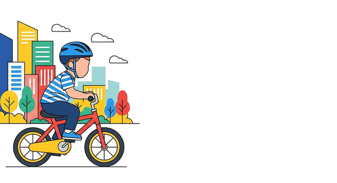 A young boy embarks on a cycling adventure in a stylized urban environment, promoting outdoor activity and the joy of childhood exploration with a colorful cityscape backdrop