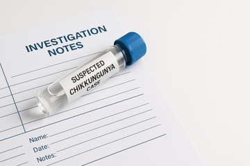 Fototapeta premium A laboratory sample Suspected Chikungunya Case next to an investigation notes document, Dengue and Chikungunya Outbreak.