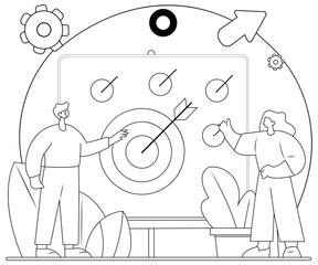 Minimal Line Art Flat Vector Illustration of Manager Aligning Goals with Team
