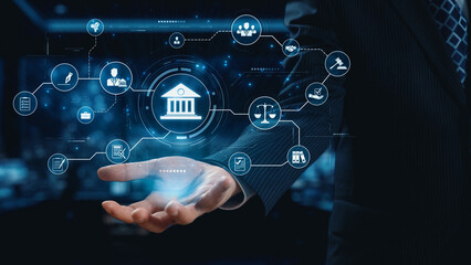 Futuristic digital law interface displaying justice scale, highlighting digital law, AI compliance, digital law systems, and digital law regulations for secure governance. Elide