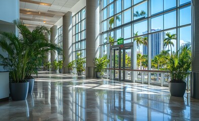 Fototapeta premium Interior Lobby with Palm Plants, Reflective Marble Floor, and Glass Wall with City View