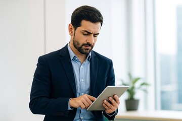 Focused Entrepreneur Working on a Silver Tablet Device Indoors During Daylight Hours