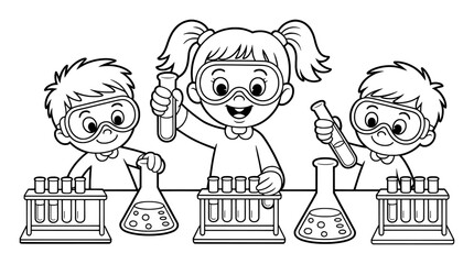 Children performing science experiment with test tubes and flasks learning education