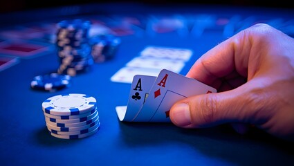 Man plays poker in the casino
