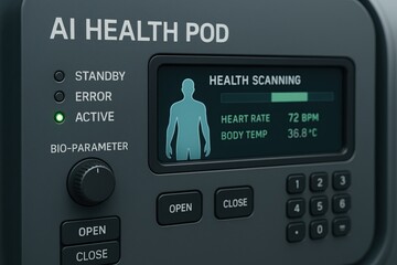 AI space medical assistant. A health monitoring device displaying vital signs like heart rate and body temperature, active health scanning functionality.