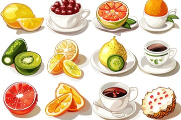 Vibrant Citrus Fruit and Coffee Still Life:  Cartoon Style Illustration,  Bright, Cheerful Mood.