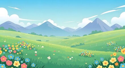 A serene vista shows a lush green valley dotted with colorful flowers under a bright blue sky.