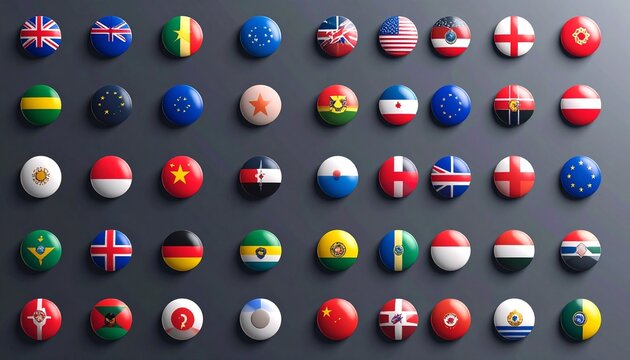 "A glossy grid of square buttons featuring world flags arranged in rows&mdash;symbolizing international unity, cultural diversity, and global connection."