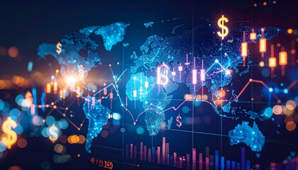 "Digital stock charts and global data streams overlay a world map, symbolizing financial intelligence, market movement, and strategic foresight."