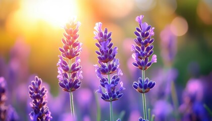 Obraz premium Lavender flowers macro with sunlight bokeh background in garden at morning
