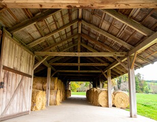 An atmospheric view inside an old open barn, where sunlight streams in and highlights the texture of the wooden structure and the hay.