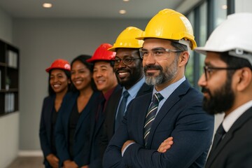 Diverse team of engineers and architects wearing hard hats stand confidently in a modern office.