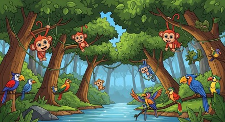 Obraz premium Whimsical cartoon jungle scene featuring playful monkeys and colorful birds by a serene river.