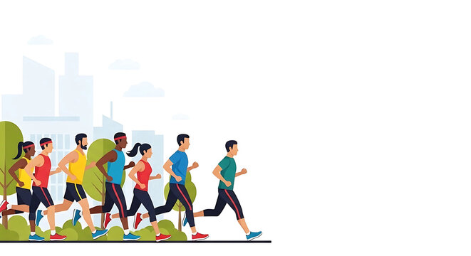Diverse group of runners participating in marathon race together through a scenic park on a sunny day healthy lifestyle promoting wellness