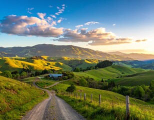 Fototapeta premium A stunning panoramic shot of a serene rural landscape at dusk, with gentle hills and a road stretching towards the horizon, under a colorful sky.