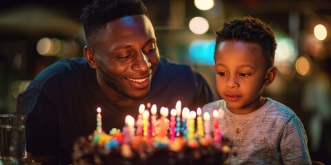 The joyful father and son share a special birthday celebration moment.