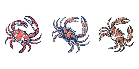 Stylized red crab illustration with raised claws, marine life vector for seafood branding, crab silhouette vector, Crab cartoon clipart. Cute red crab vector illustration. Animal in flat style. Sea